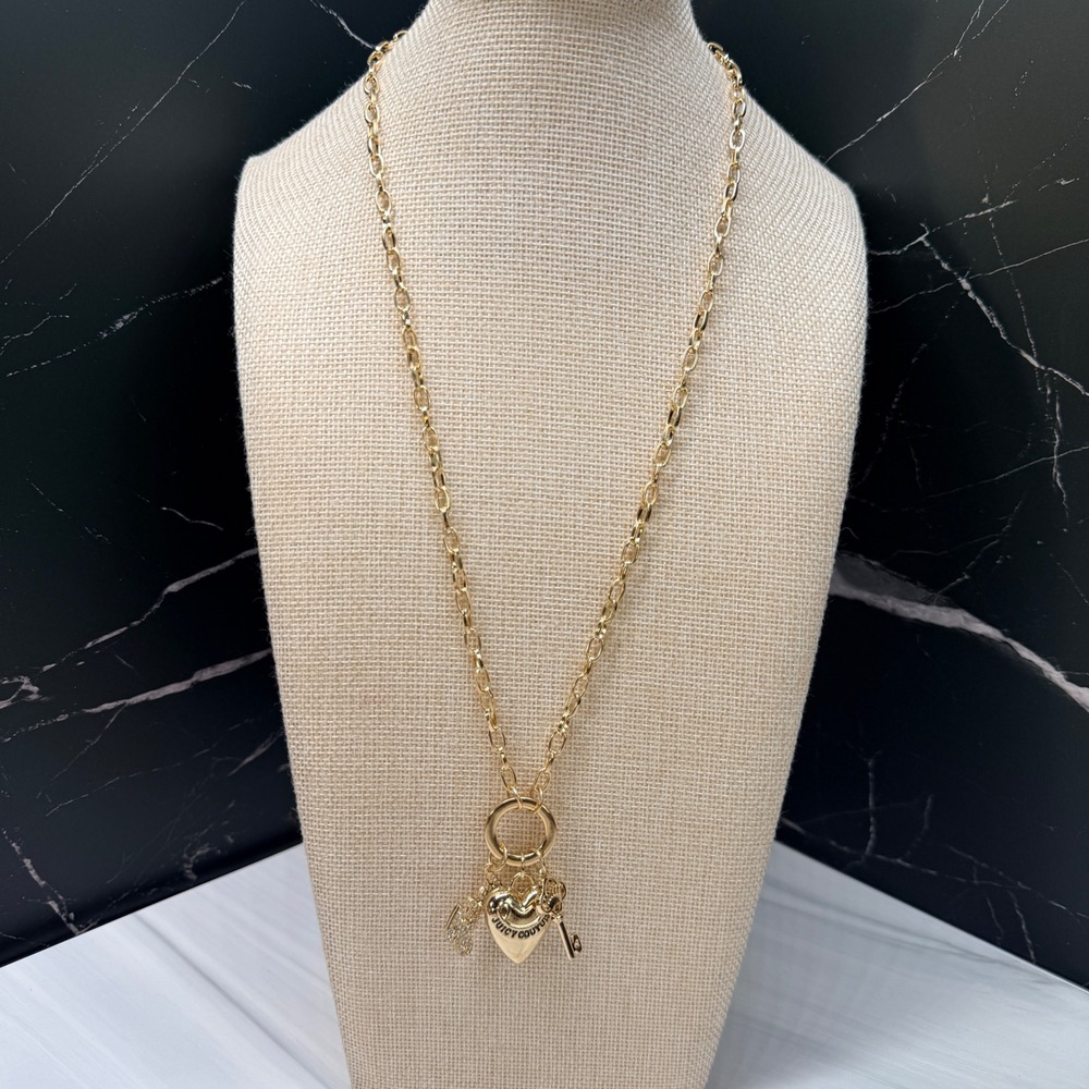Juicy Couture Gold Tone Charm Necklace Puffy Heart Crown Key Rhinestone Logo